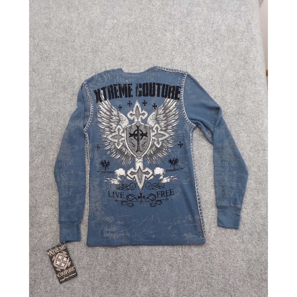 Xtreme Couture‎ Shirt Medium Blue Graphic Wings Cross Grothic Grunge Thermal